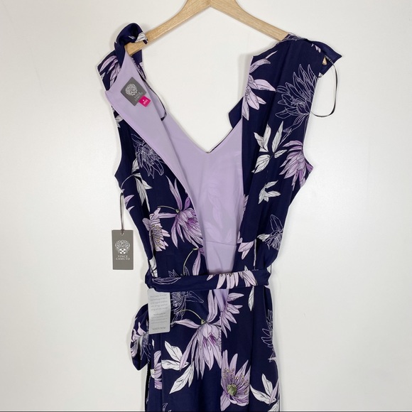 VINCE CAMUTO Asymmetrical Faux Wrap Floral Tie Waist Midi Dress - Picture 8 of 10
